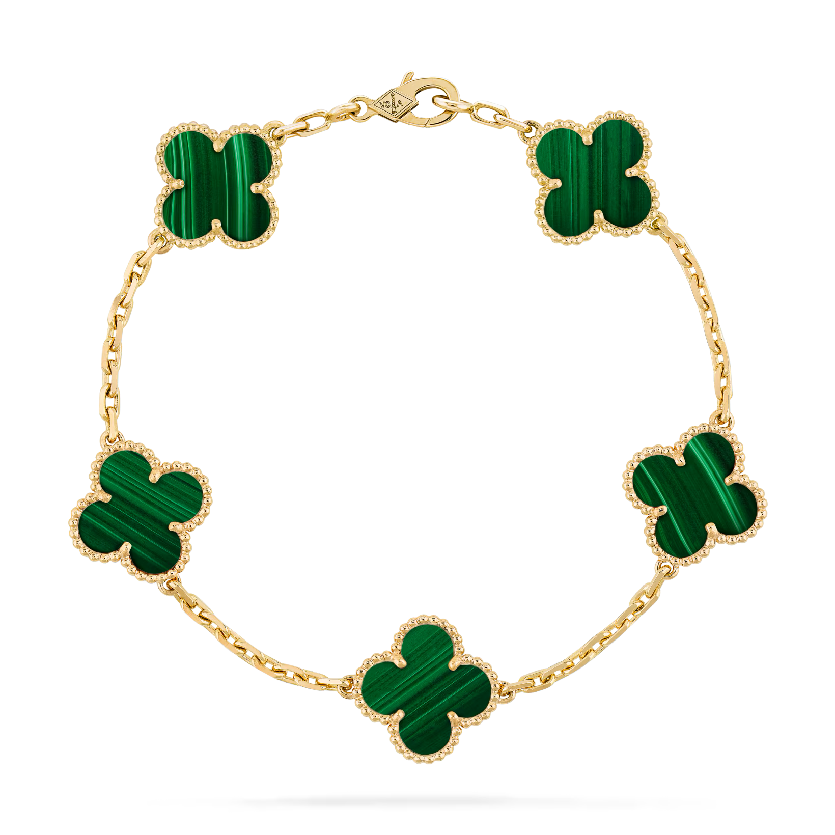 Van Cleef & Arpels Vintage Alhambra bracelet, 5 motifs 18K yellow gold, Malachite