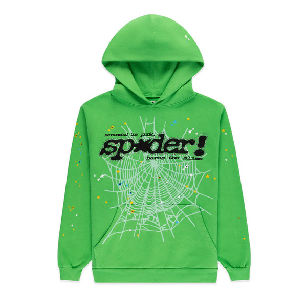 Sp5der Punk V2 Rhinestone Hoodie Bright Green