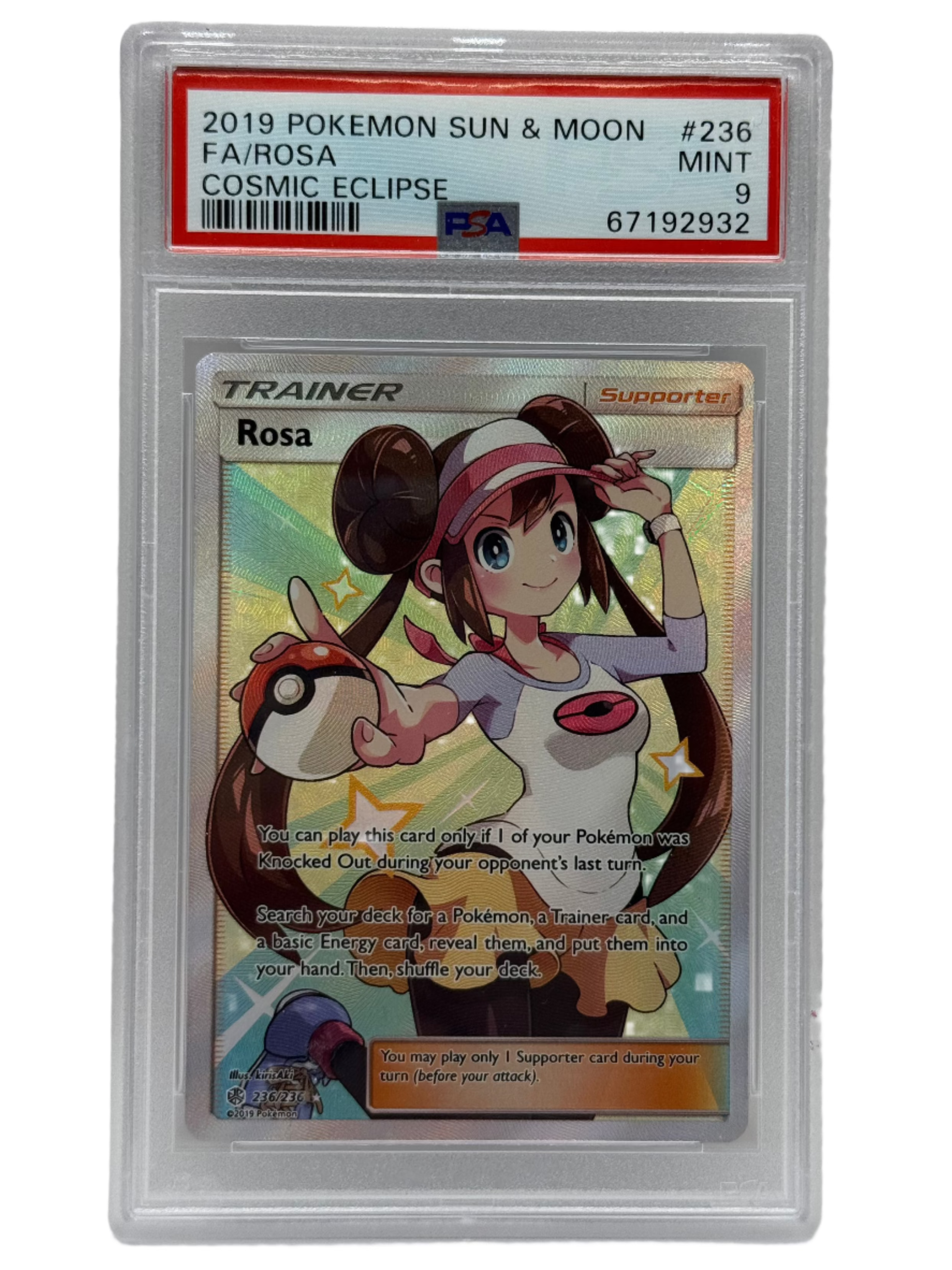 2019 Pokémon Cosmic Eclipse Rosa Full Art 236/236 PSA 9 MINT (Sun & Moon)