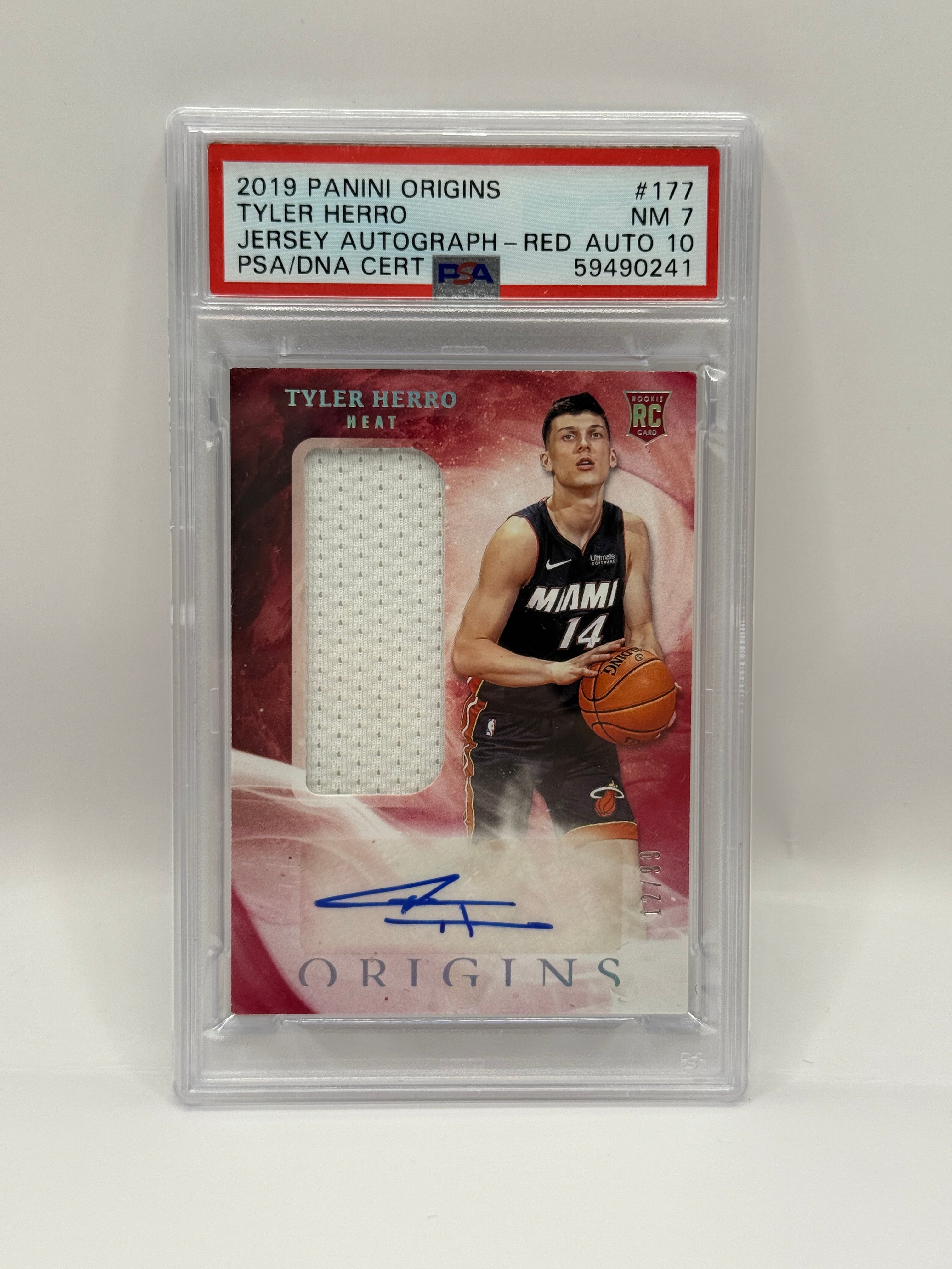 2019 Panini Origins Tyler Herro Jersey Autograph - Red /99 Rookie Card #177 PSA 7 NEAR MINT & AUTO 10