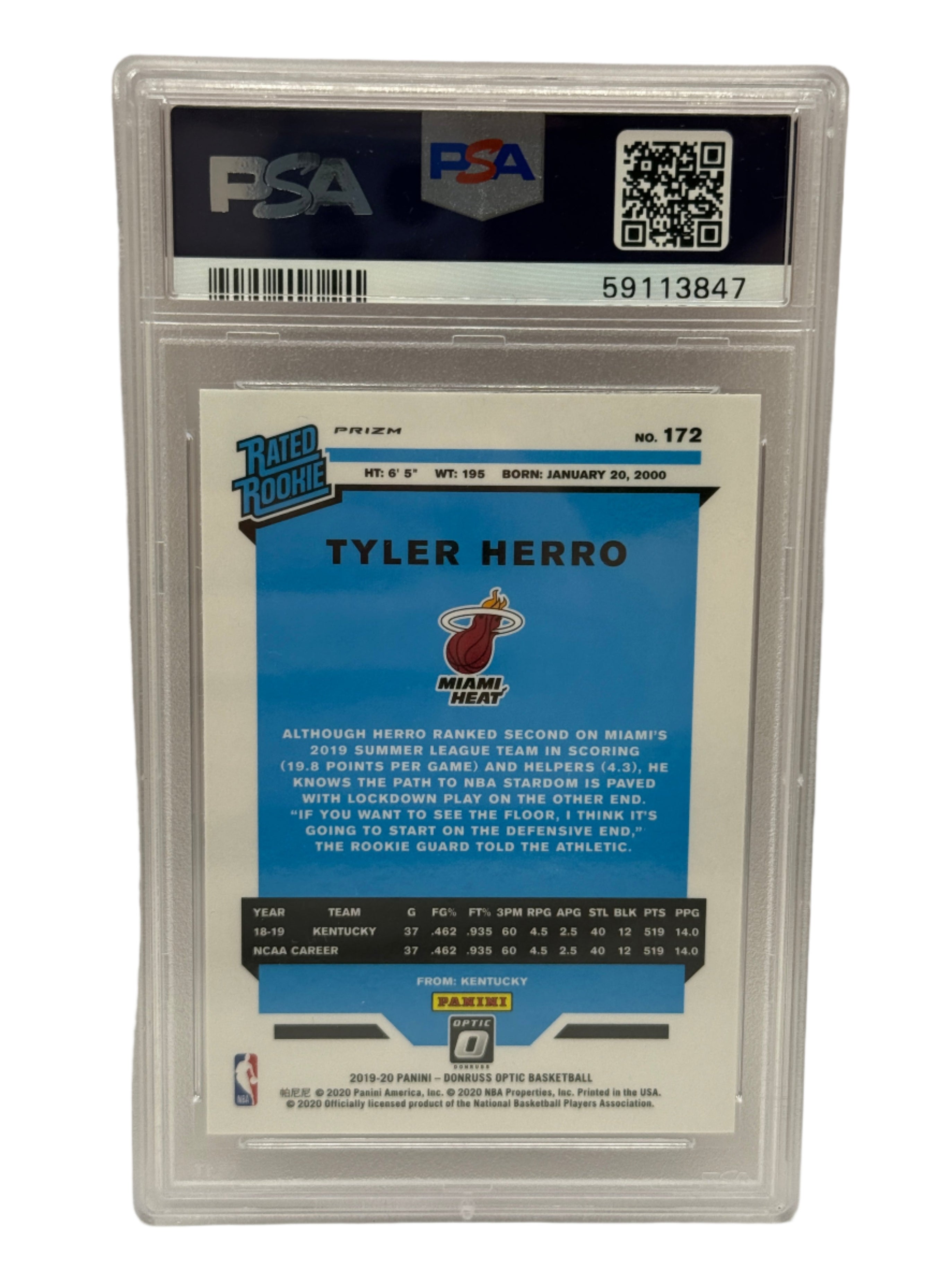 2019 Panini Donruss Optic Tyler Herro Hyper Pink Rookie Card #172 PSA 10 GEM MINT