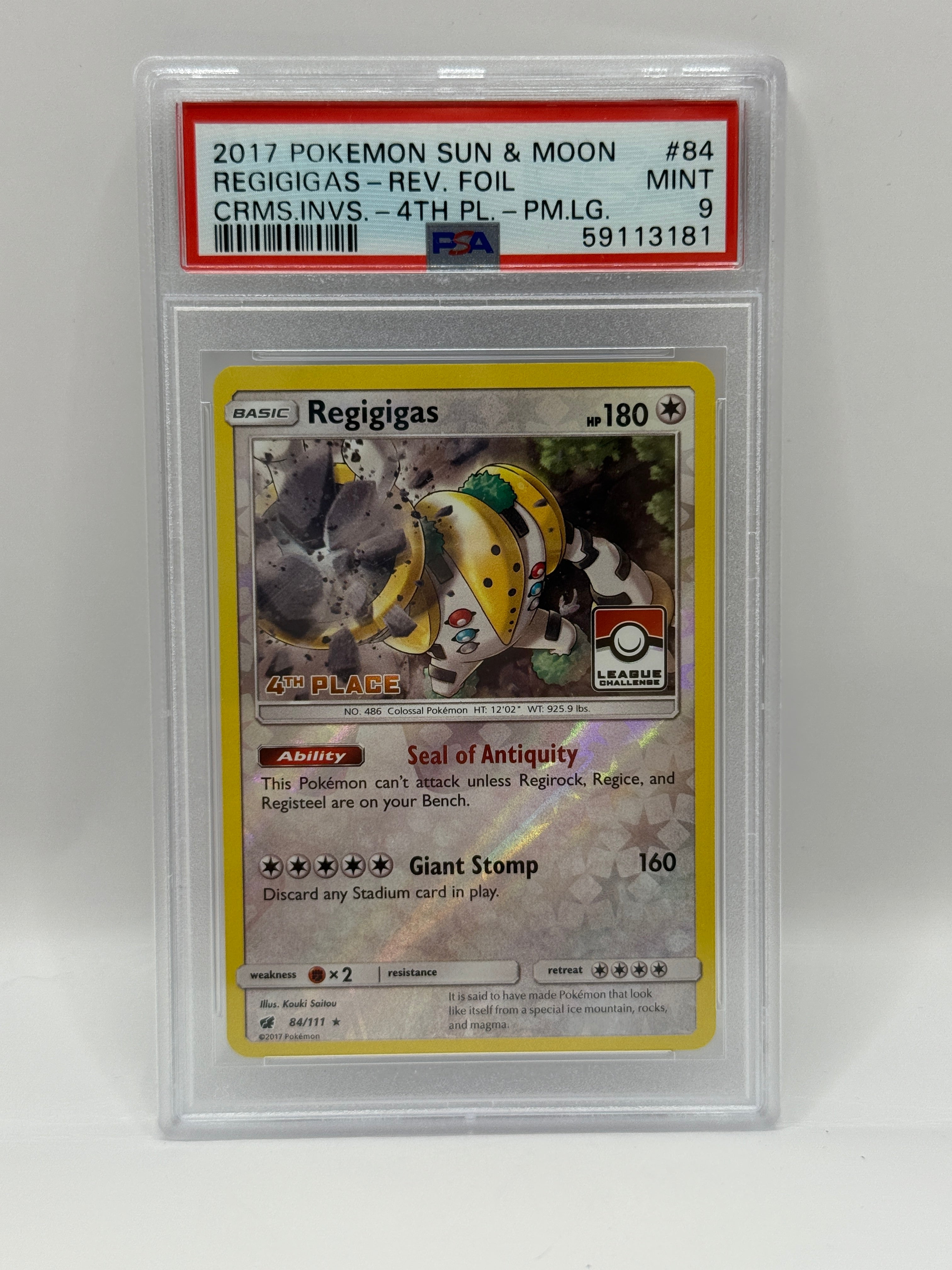 2017 Pokémon League Crismon Invasion Regigigas 4th Place Reverse Holo 84/111 PSA 9 MINT