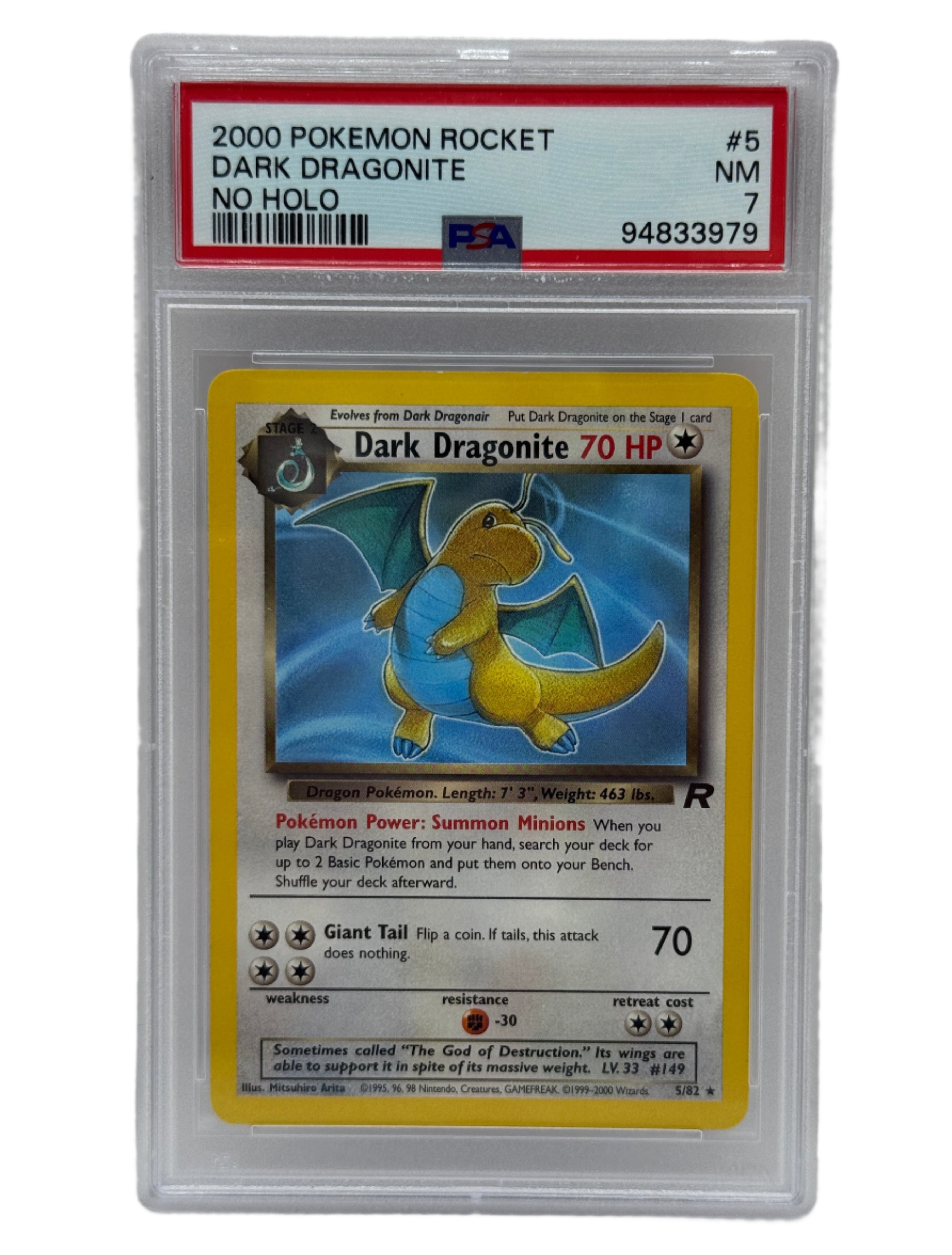 2000 Pokémon Rocket Dark Dragonite ERROR No Holo 5/82 PSA 7 NEAR MINT