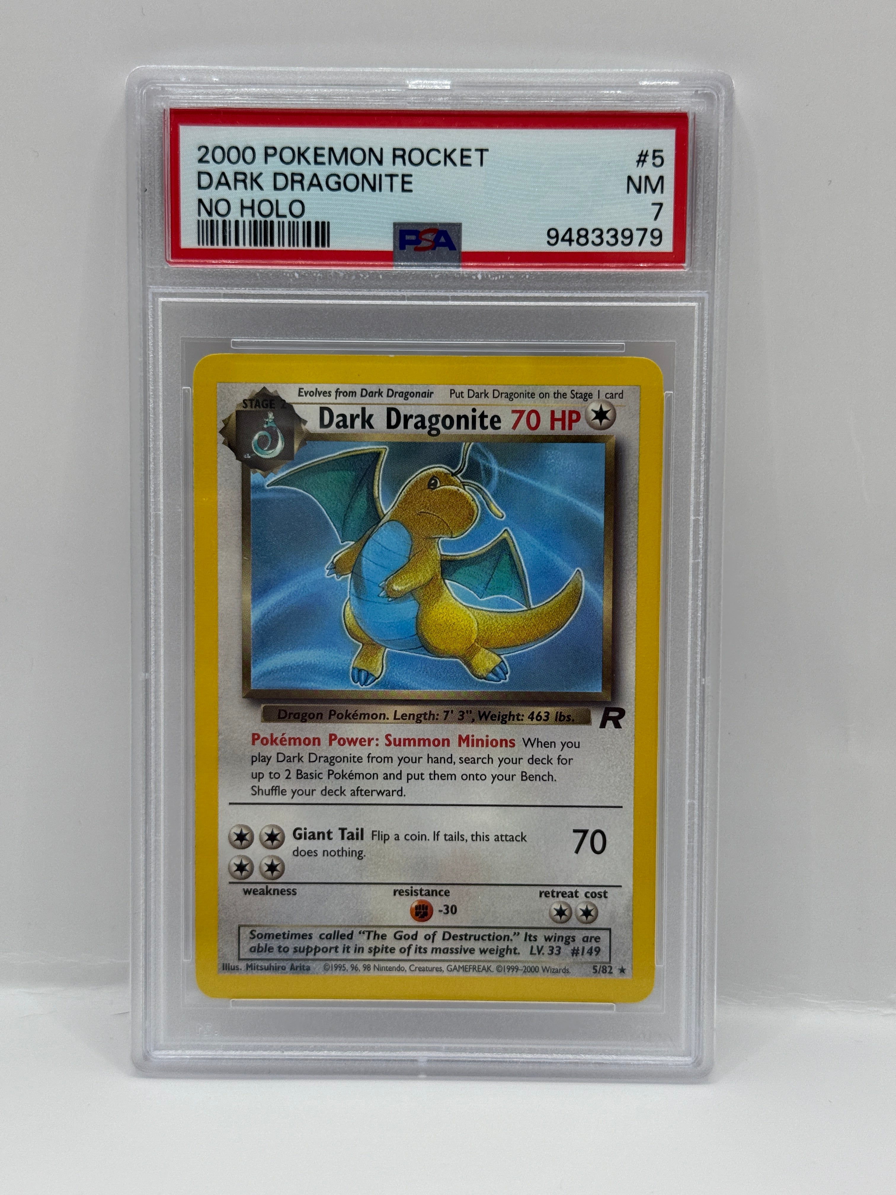 2000 Pokémon Rocket Dark Dragonite ERROR No Holo 5/82 PSA 7 NEAR MINT