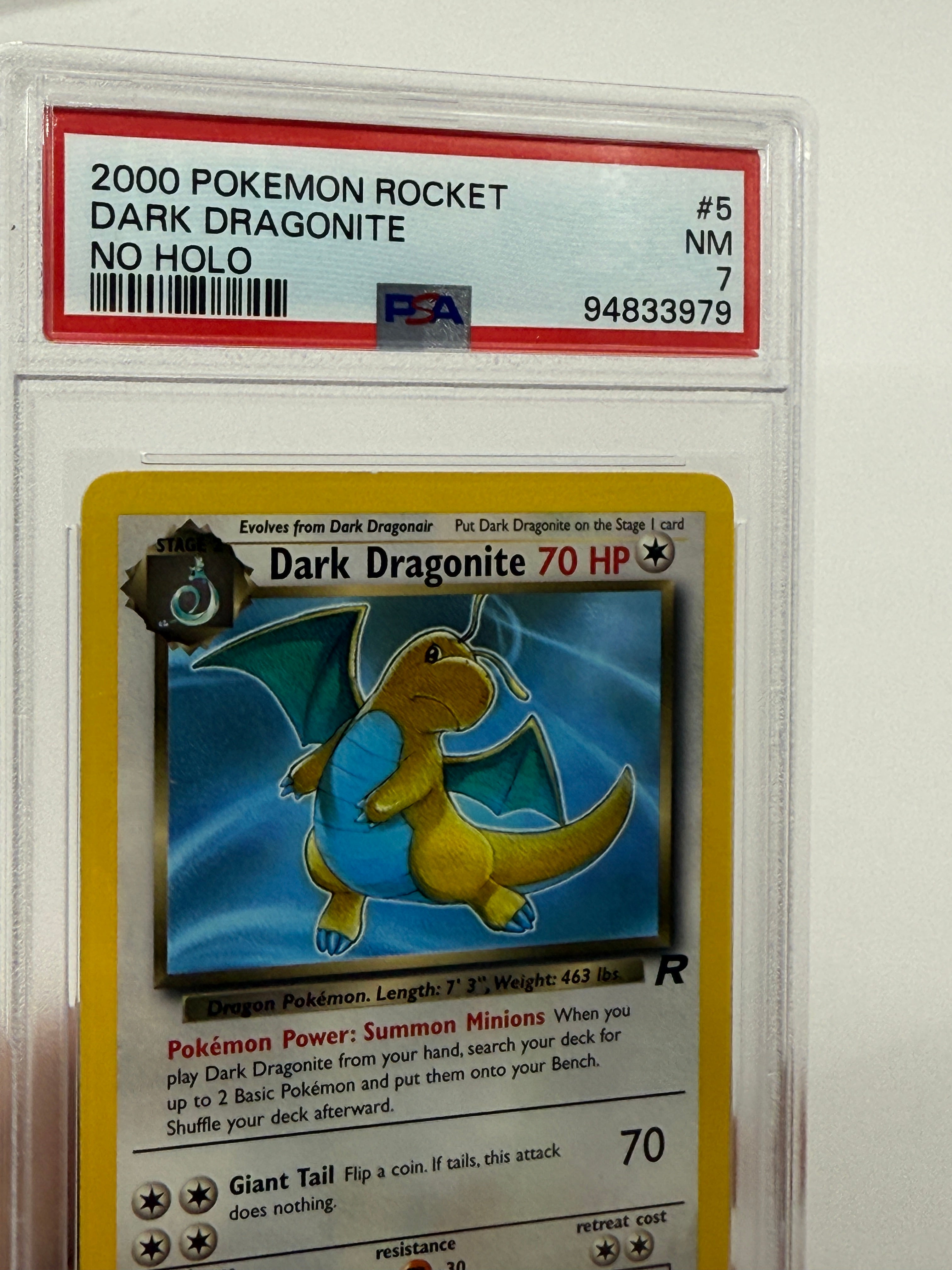 2000 Pokémon Rocket Dark Dragonite ERROR No Holo 5/82 PSA 7 NEAR MINT