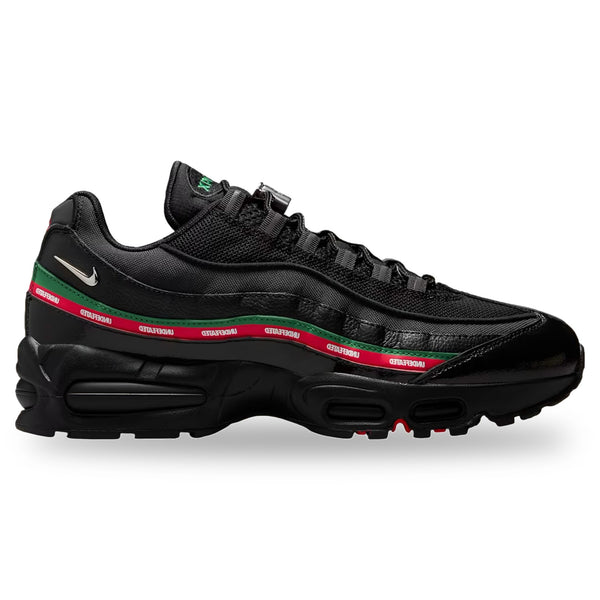 Black sneaker with red and green stripes on a white background