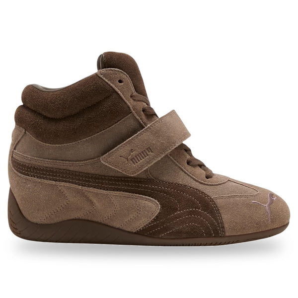 Brown high-top sneaker with a visible Puma logo on a white background