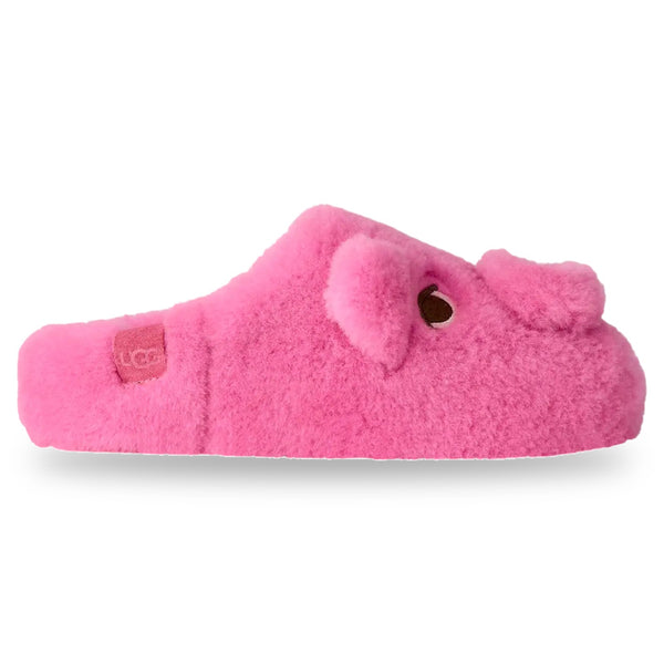 Pink fuzzy slipper with a bow on a white background