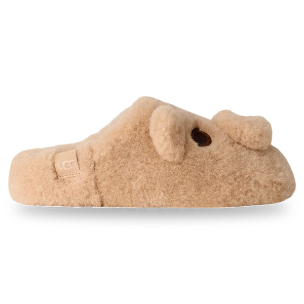 Beige slipper with a fluffy texture on a white background