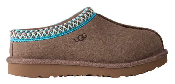 Brown UGG slippers with a decorative strap on a white background