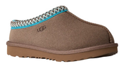 Brown UGG slipper with blue and white trim on a white background