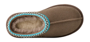Brown slipper with turquoise trim on a white background