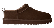 Brown slip-on shoe with fuzzy lining on a white background
