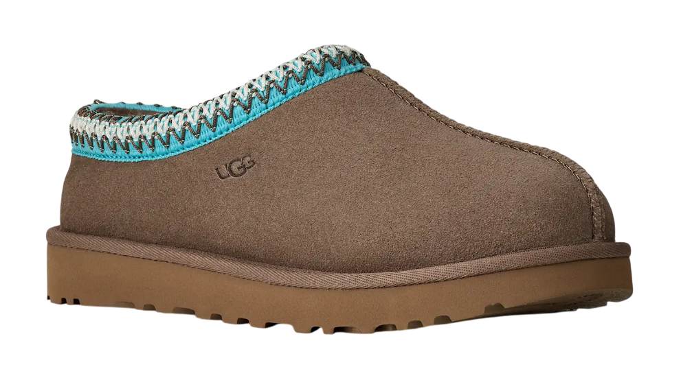 Brown slipper with blue trim on a white background