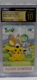 Pikachu, Charmander, Bulbasaur and Squirtle 1998 Bandai Sealdass Fancy Graffiti #02 in CGC Pristine 10 graded slab, front view - Image 3