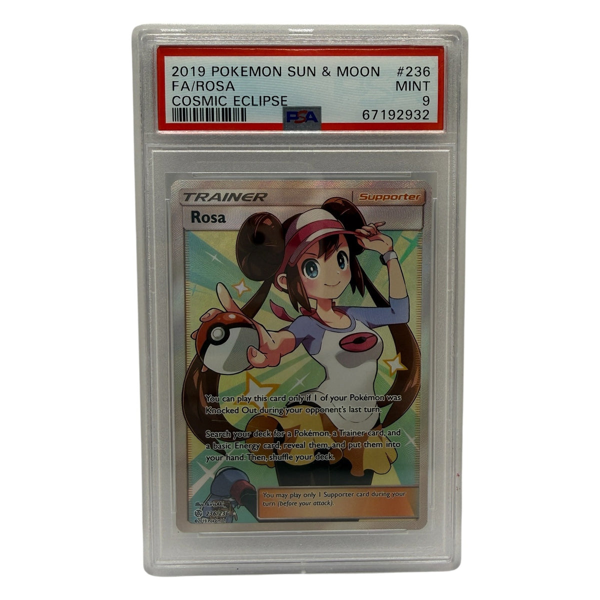 2019 Pokémon Sun & Moon Cosmic Eclipse Rosa Full Art #236 PSA 9 MINT — photo 1