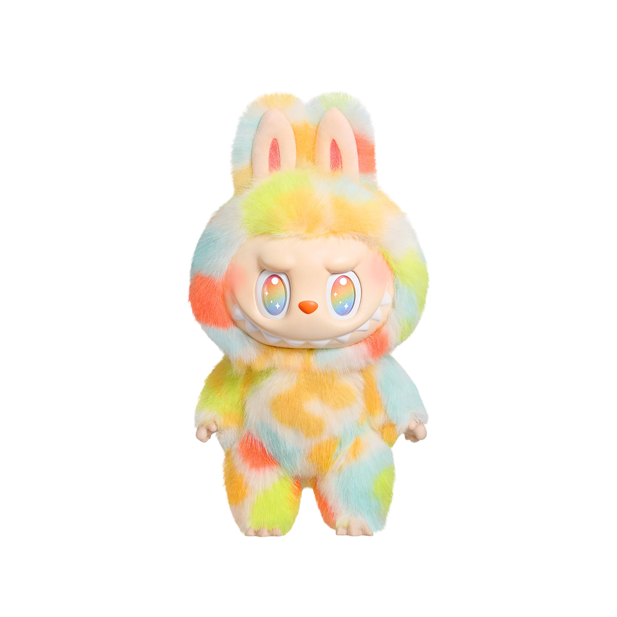 Colorful plush toy with bunny ears on a white background