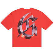 Red t-shirt with a metallic logo on a white background