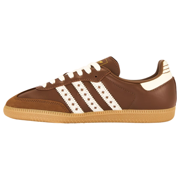 Brown Adidas sneaker with white stripes on a white background