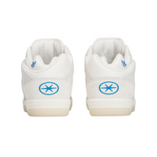 White sneakers with blue logo on a white background