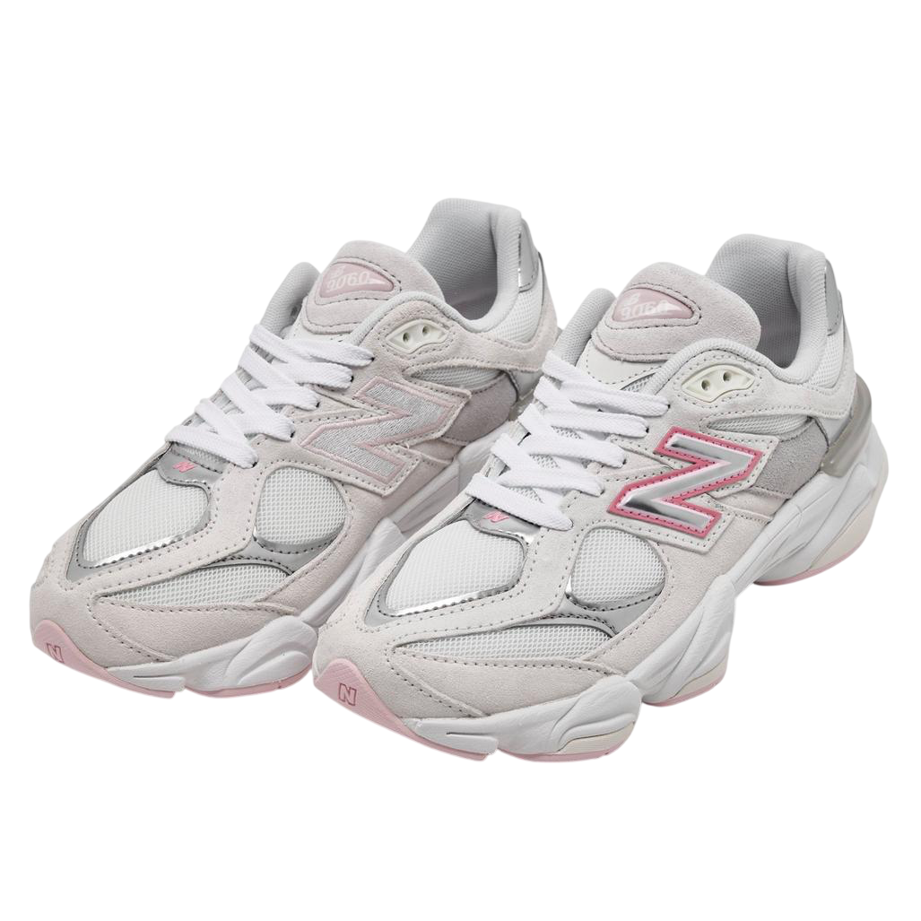 Pair of light gray sneakers with a pink logo on a white background