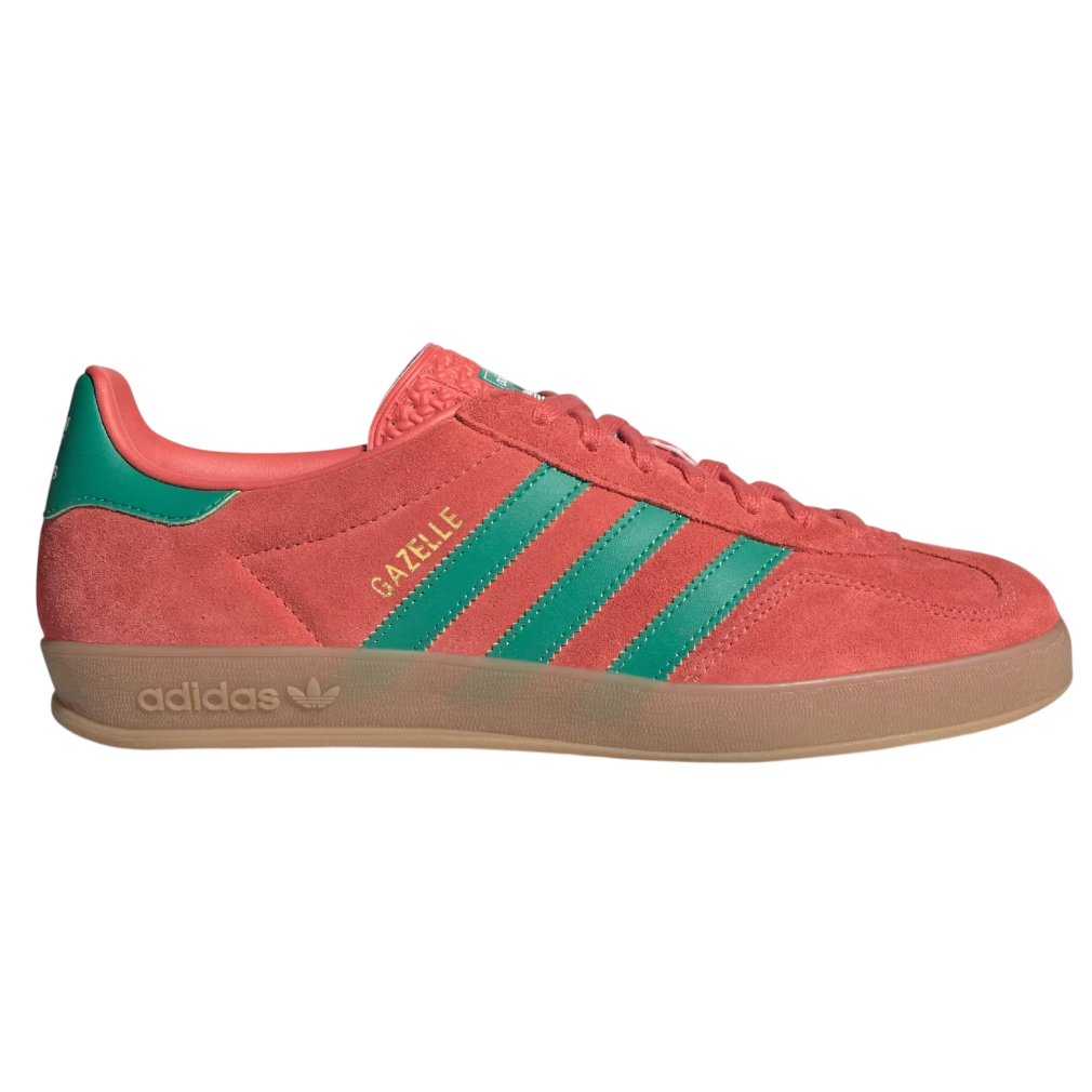 Red Adidas sneaker with green stripes on a white background