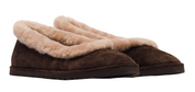 Pair of brown slippers with beige fur lining on a white background
