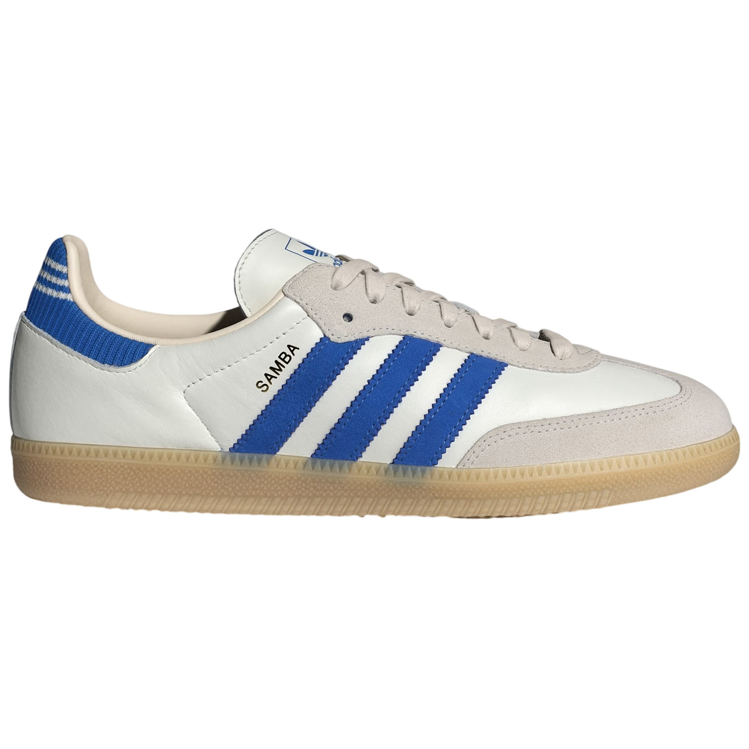 White sneaker with blue stripes on a white background