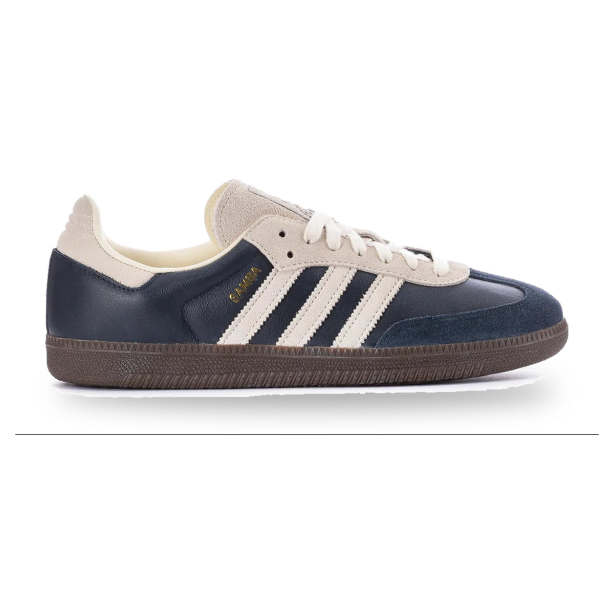 Navy and white Adidas sneaker on a white background