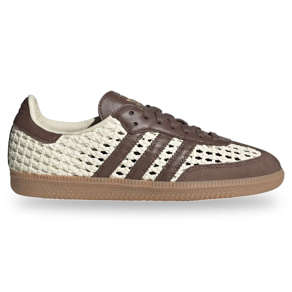 Brown and white sneaker with Adidas logo on a white background