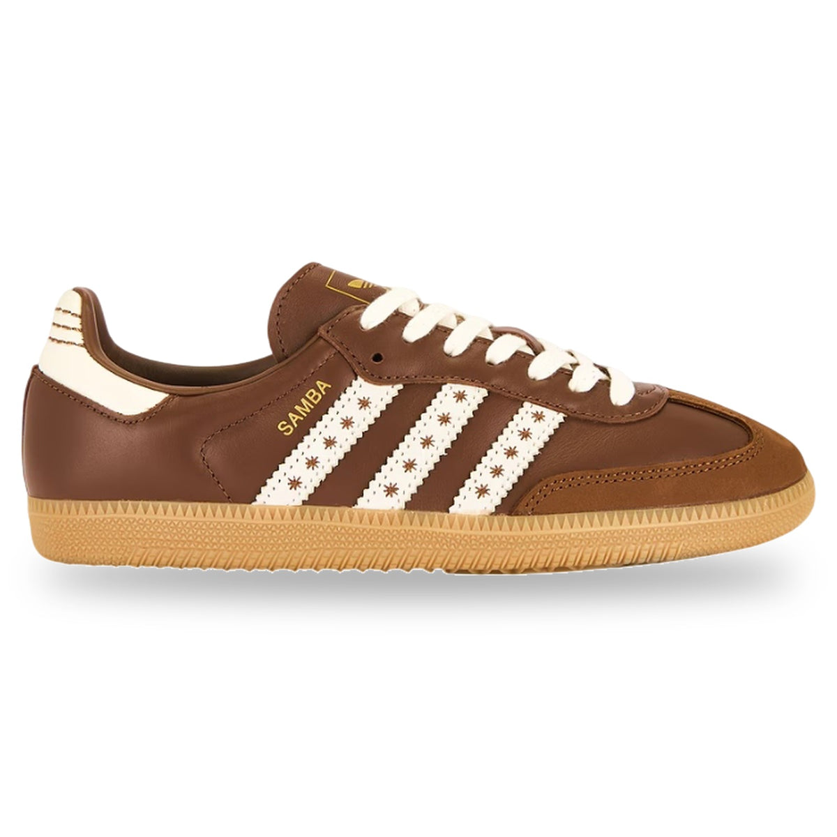 Brown Adidas sneaker with white stripes on a white background