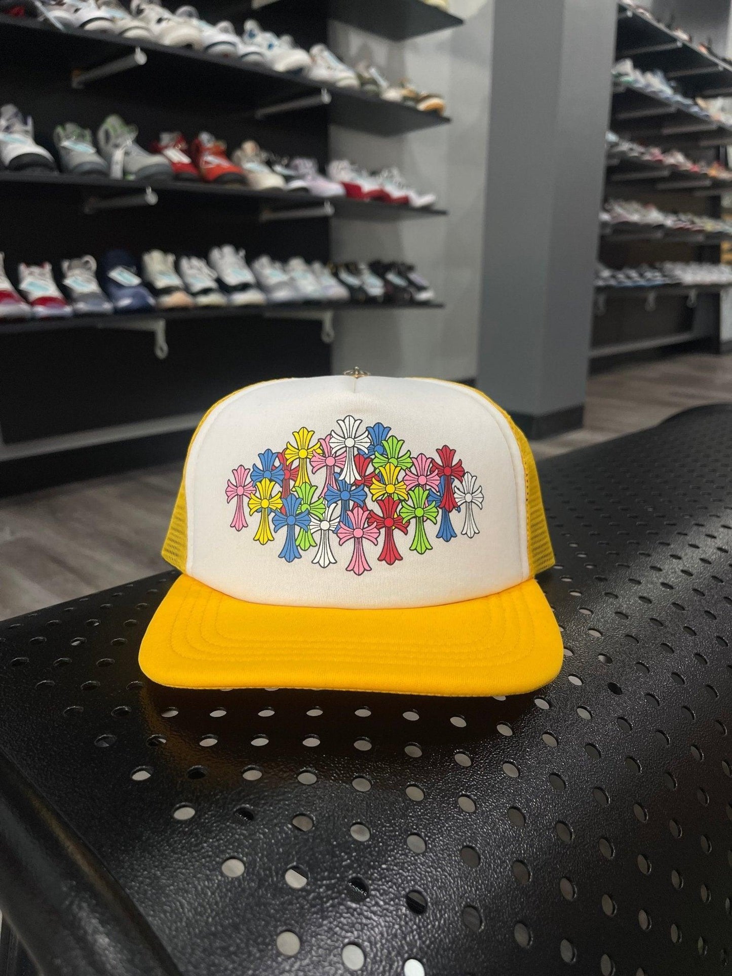 Chrome Hearts Cemetery Cross Trucker Hat Yellow & White - Supra Sneakers