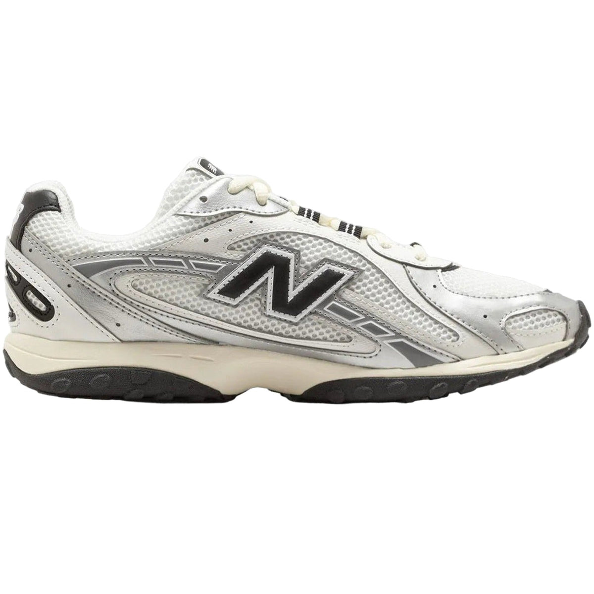 White New Balance sneaker with black logo on a white background
