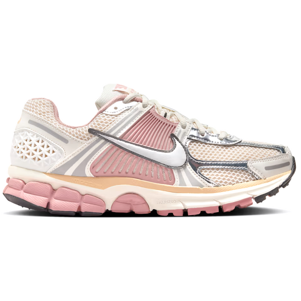 Pink and white running shoe on a white background