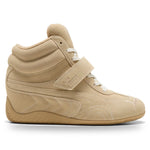 Beige high-top sneaker with white laces on a white background - Image 1