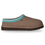 Brown slipper with blue and white patterned trim on a white background - Image 1